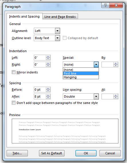 Klik Indents and Spacing kemudian pada bagian Indentation pada kolom Before masukkan angka yang diinginkan untuk membuat baris pertama tersebut menjorok ke dalam