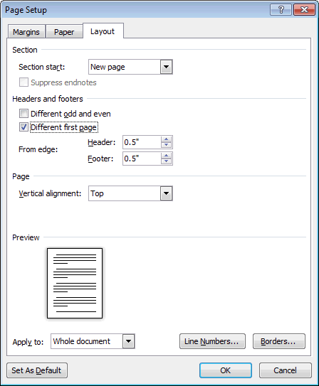 Aktifkan Different First Page dan pilih Align Center untuk membuat teks rata tengah.