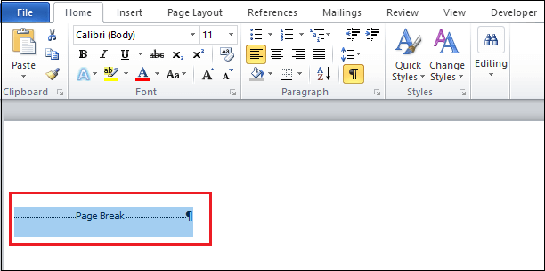 Arahkan kursor ke menu “Page Break”, lalu hapus halaman kosong tersebut dengan menggunakan tombol “Delete”.