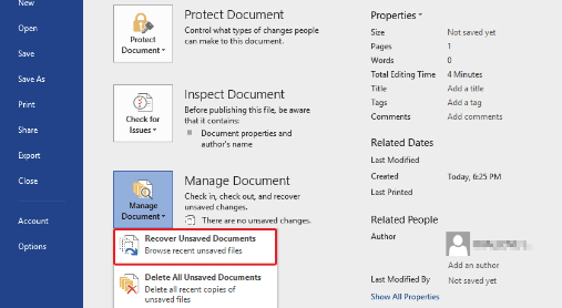 Berikutnya klik Recover Unsaved Documents, dan plih file yang ingin dikembalikan.