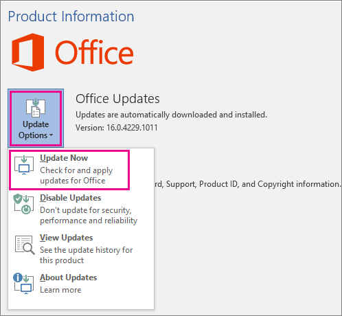 Cari dan pilih product information lalu pilih update options.