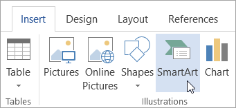 Di bagian Ribbon atau deretan menu paling atas jendela Microsoft Word, pilih tab Insert kemudian klik menu SmartArt di bagian Illustrations.