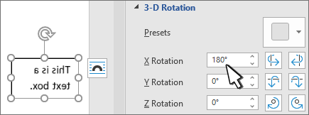 Di bawah Rotasi 3D, lihat  bagian X Rotasi, dan atur nilainya ke 180°.