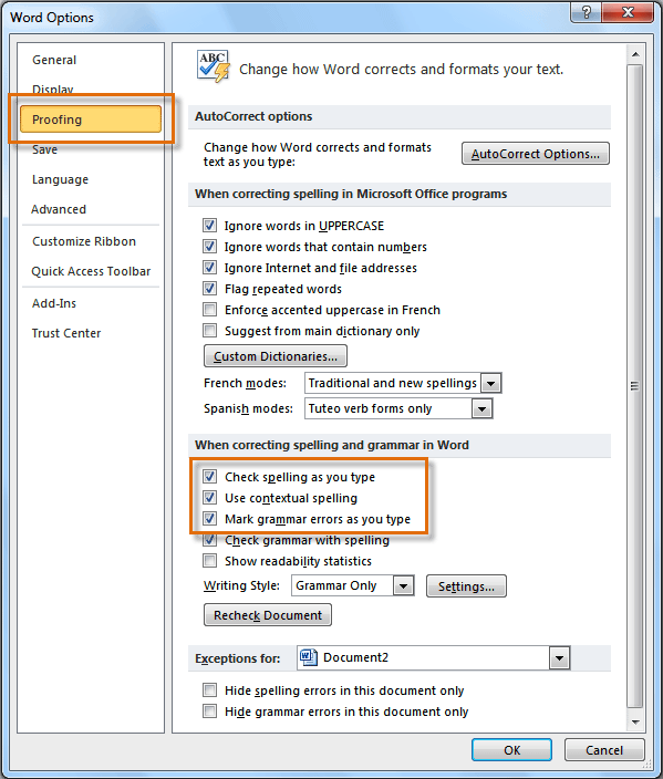 Di dalam opsi tersebut, hapus tanda centang pada bagian “Check Spelling as You Type” dan “Grammar Errors as You Type”.