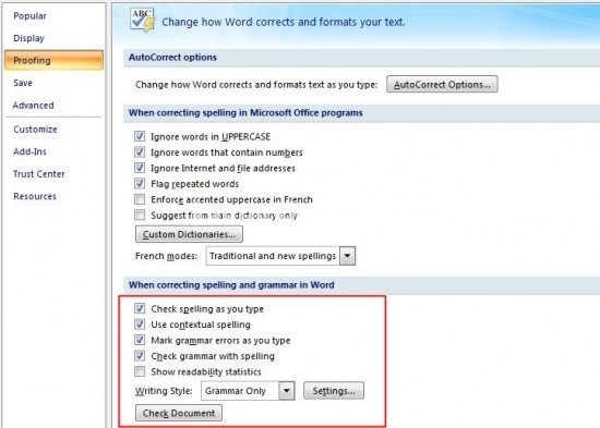 Jika sudah, hapus tanda centang pada bagian “Check Grammar with Spelling” serta “Check Spelling as You Type”.