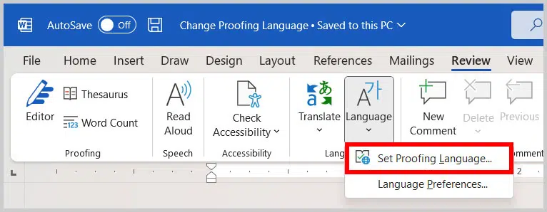 Jika sudah, klik opsi “Set Proofing Language” untuk mengubah bahasanya menjadi bahasa Indonesia.