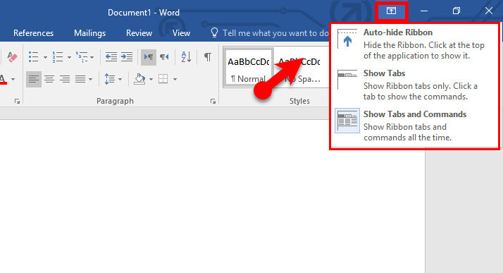 Kemudian, klik simbol “Ribbon Display Options” yang terletak di bagian atas aplikasi atau di samping tombol “X (Close)”.