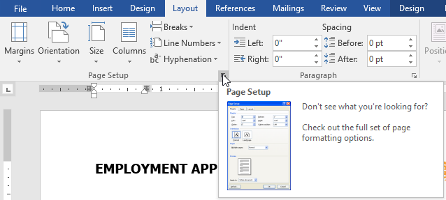 Kemudian, masuk ke menu “Page Layout” dan pilih salah satu opsi di dalamnya yang bertuliskan “Page Setup”.