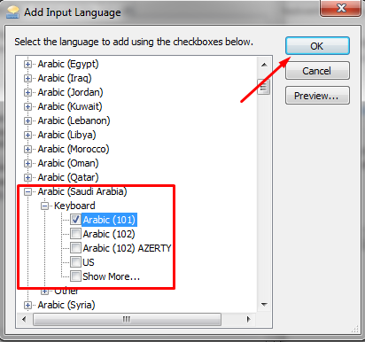 Kemudian pilih Arabic atau Saudi Arabia, klik Arabic (101) dan Arabic (102).