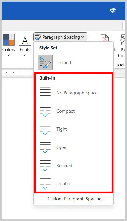 Klik Paragraph Spacing. Nantinya akan muncul daftar menu pilihan spasi seperti double, relaxed, open, tight, dan no paragraph space.