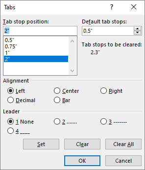 Kotak Tab stop position untuk mengatur jarak spasi Tab akan berhenti, bisa diisi dengan angka (bulatan:desimal).