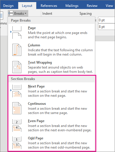 Lalu, klik menu “Layout” dan pilih opsi “Breaks” serta “Next Page”. Pastikan kamu tidak salah memilih opsi pada tahapan ini.