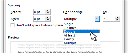 Lihat di bagian tengah dialog, pilih peraturan penspasian yang kamu inginkan, apakah satu spasi, 1,5 atau ganda.