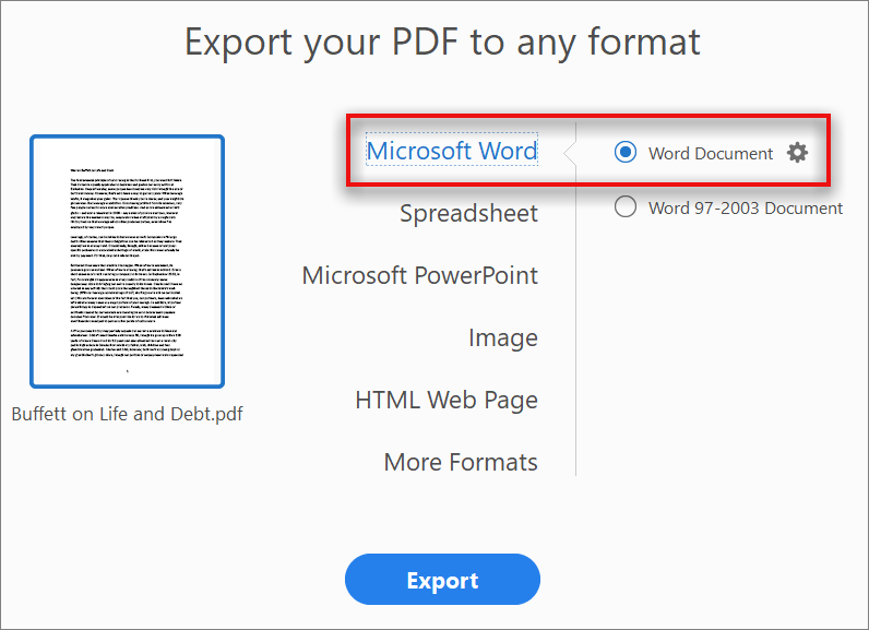 Lihat pada sisi kanan aplikasi akan terdapat fitur seperti export PDF.  Pilih fitur tersebut dan pilih format export menjadi Microsoft Word.