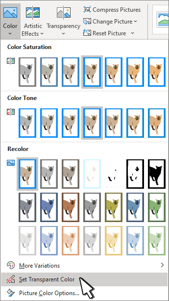 Pada bagian Adjust, klik menu Color untuk membuka berbagai pilihan warna yang tersedia. Di bagian paling bawah, ada tiga menu yang bisa dipilih, pilih menu Set Transparent Color