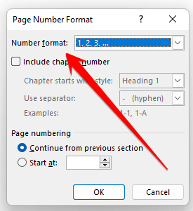 Pada kotak dialog Page Number Format, pilih Arabic Numerals (1, 2, 3, ...) pada daftar Format Number.