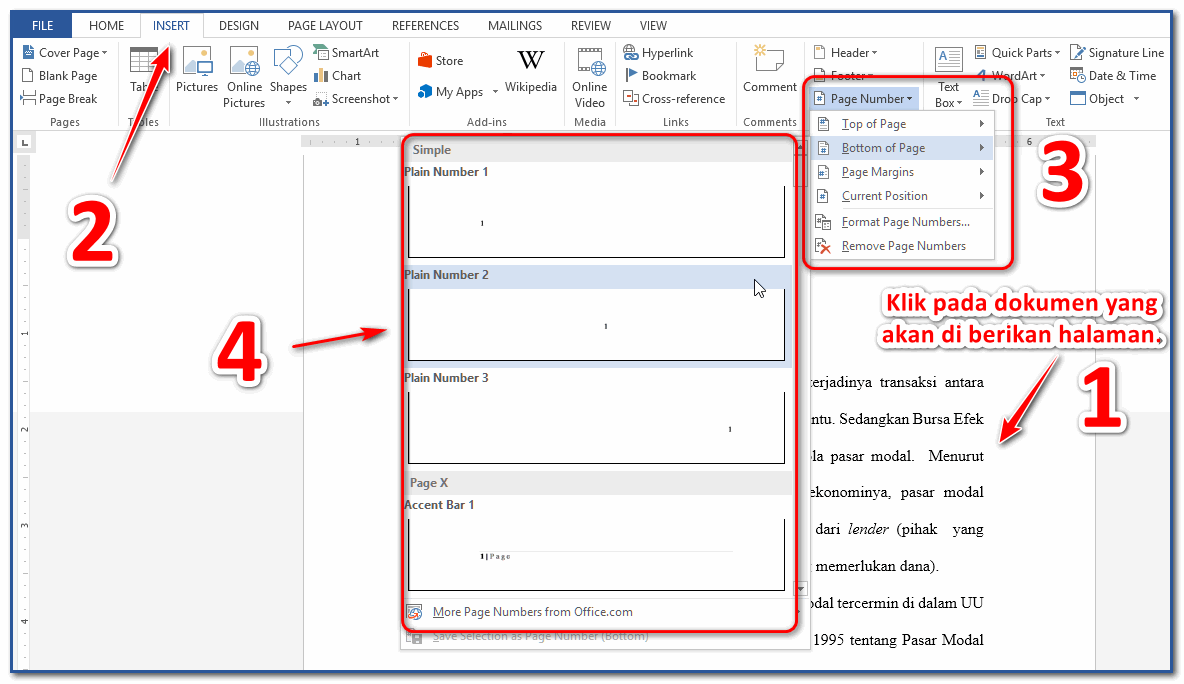 Pilih Page Number dari menu drop-down.