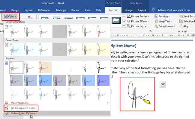 Pilih Set Transparent Color jika ingin mengatur tampilan pada tanda tangan di word.