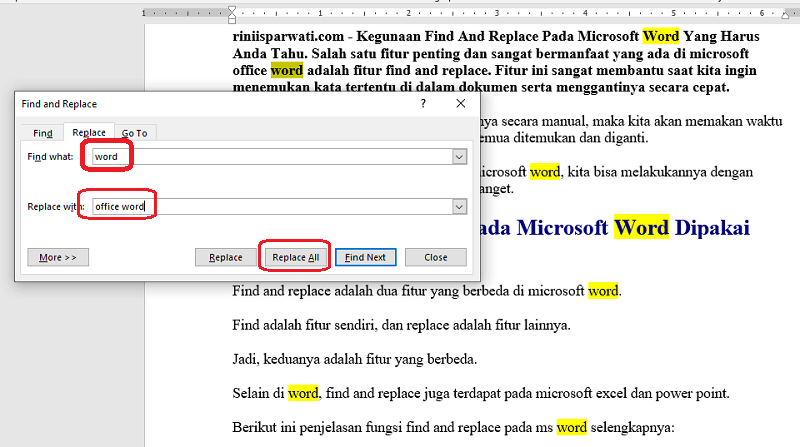 Pilih menu Replace untuk mengganti kata-kata tersebut dengan kata atau frasa yang baru.