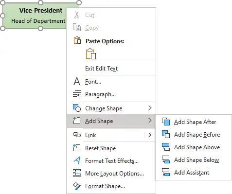 Pilih opsi “Add Shape After” untuk menambah kotak baru di sebelah kanan kolom dan pilih opsi “Add Shape Before” untuk menambah kotak baru di sebelah kiri kolom.
