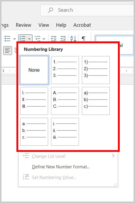 Selanjutnya, kamu bisa klik menu Home dan pilih opsi Numbering Library.