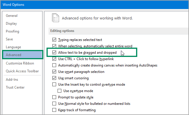 Sesampainya di halaman menu tersebut, pilih opsi “Advanced” dan beri tanda centang pada tulisan “Allow Text to be Dragged and Dropped”.