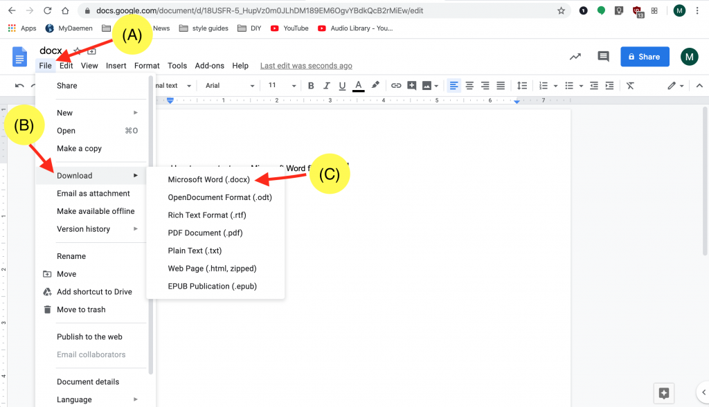 Setelah dokumen terbuka, pilih menu file > download dan pilih format penyimpanan Microsoft Word.  Secara otomatis file akan langsung tersimpan dalam format file Word.