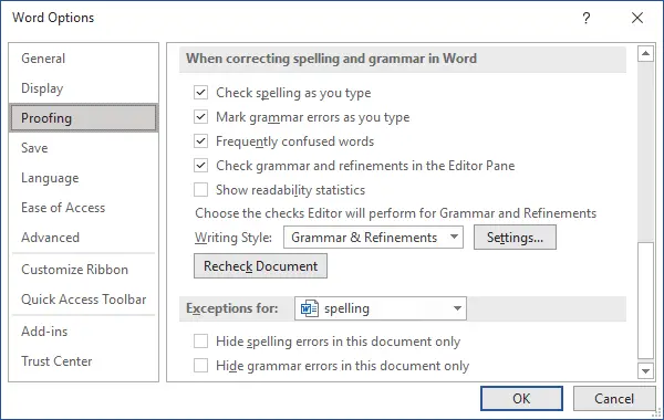 Setelah itu, klik opsi “Proofing” yang ada di dalamnya dan hapus tanda centang pada bagian “Check Spelling as You Type”.