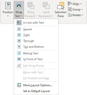 Setelah logo muncul di Word, klik kanan lalu pilih Text Wrapping > In Front of Text.