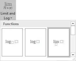 Untuk menambahkan limit dan logaritma pada matriks Word, pilih opsi yang bertuliskan “Limit and Log”.