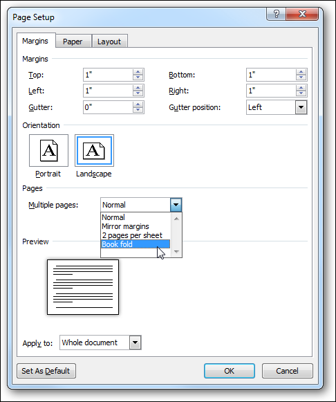 Di Pengaturan Halaman Page Setup, ubah Multiple Pages ke Book Fold untuk menjadikan halaman menjadi terlipat