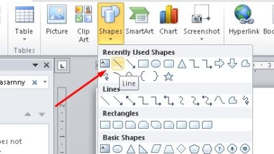 Jika sudah, lanjutkan dengan membuat cabang pertemuan ada setiap tim. Caranya dengan klik Shape Line di menu Insert