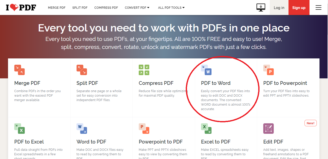 Jika sudah terbuka halaman situs tersebut, pilih menu PDF to Word