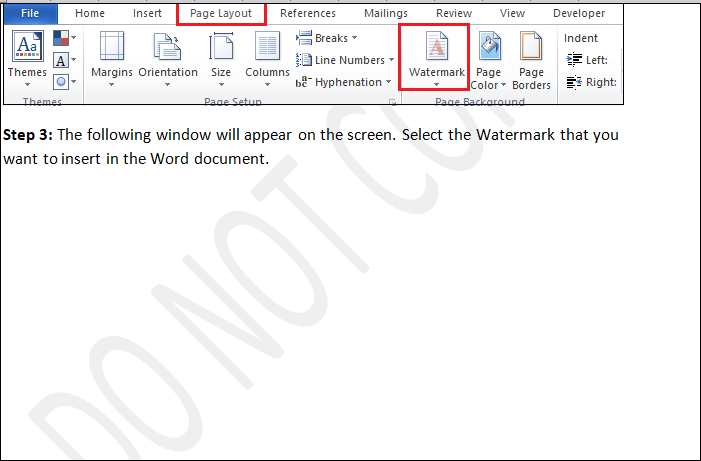 Pilih halaman pertama dokumen untuk penambahan watermark, lalu klik menu page layout yang terdapat pada taskbar bagian atas halaman