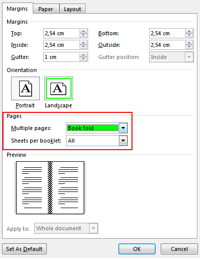 Pilih lagi menu page, dan klik multiple page dan ganti pilihan normal menjadi book fold, dan tekan tombol ok