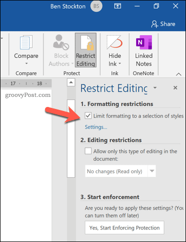 Pilih tombol Restrict Editing yang ada di dalam tab Developer