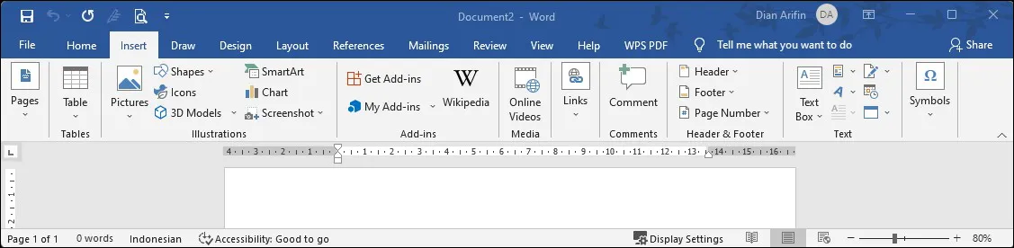 Setelah itu, kamu akan melihat halaman utama dari MS Word yang memiliki berbagai pilihan menu. Silahkan untuk menekan tombol Insert untuk melakukannya