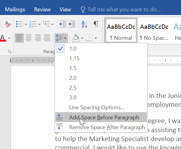 Setelah itu, klik Add Space Before Paragraph yang terdapat dalam menu drop-down