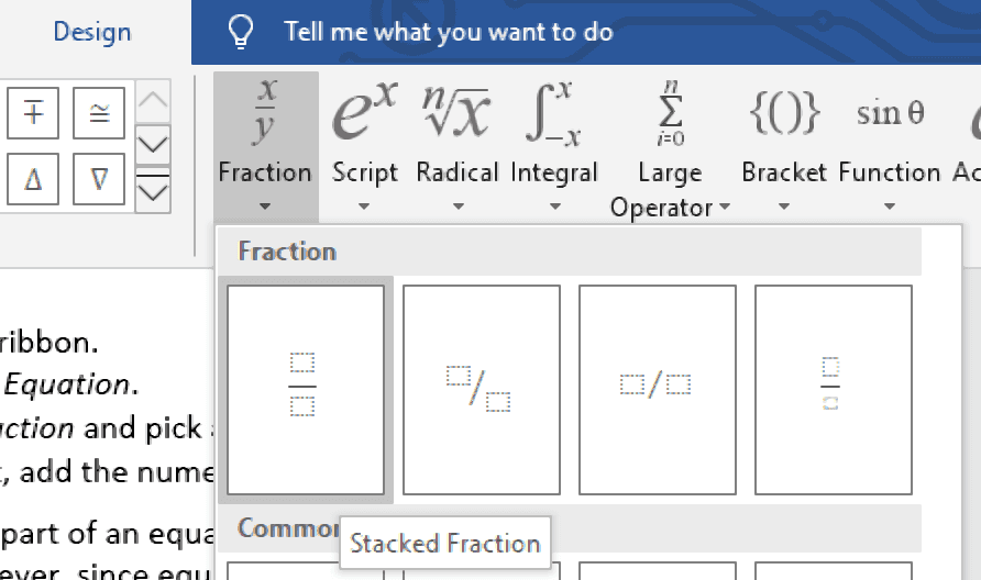 Arahkan ke menu Equation dan pilihlah Fraction