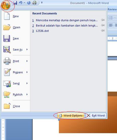 Klik Microsoft Office, lalu “Word Options”