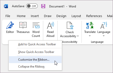 Pada menu di sebelah kiri halaman, klik “Customize Ribbon”