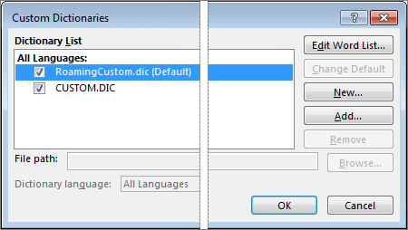 Pilih menu File, kemudian Options, lanjut ke Proofing, dan terakhir Custom Dictionaries