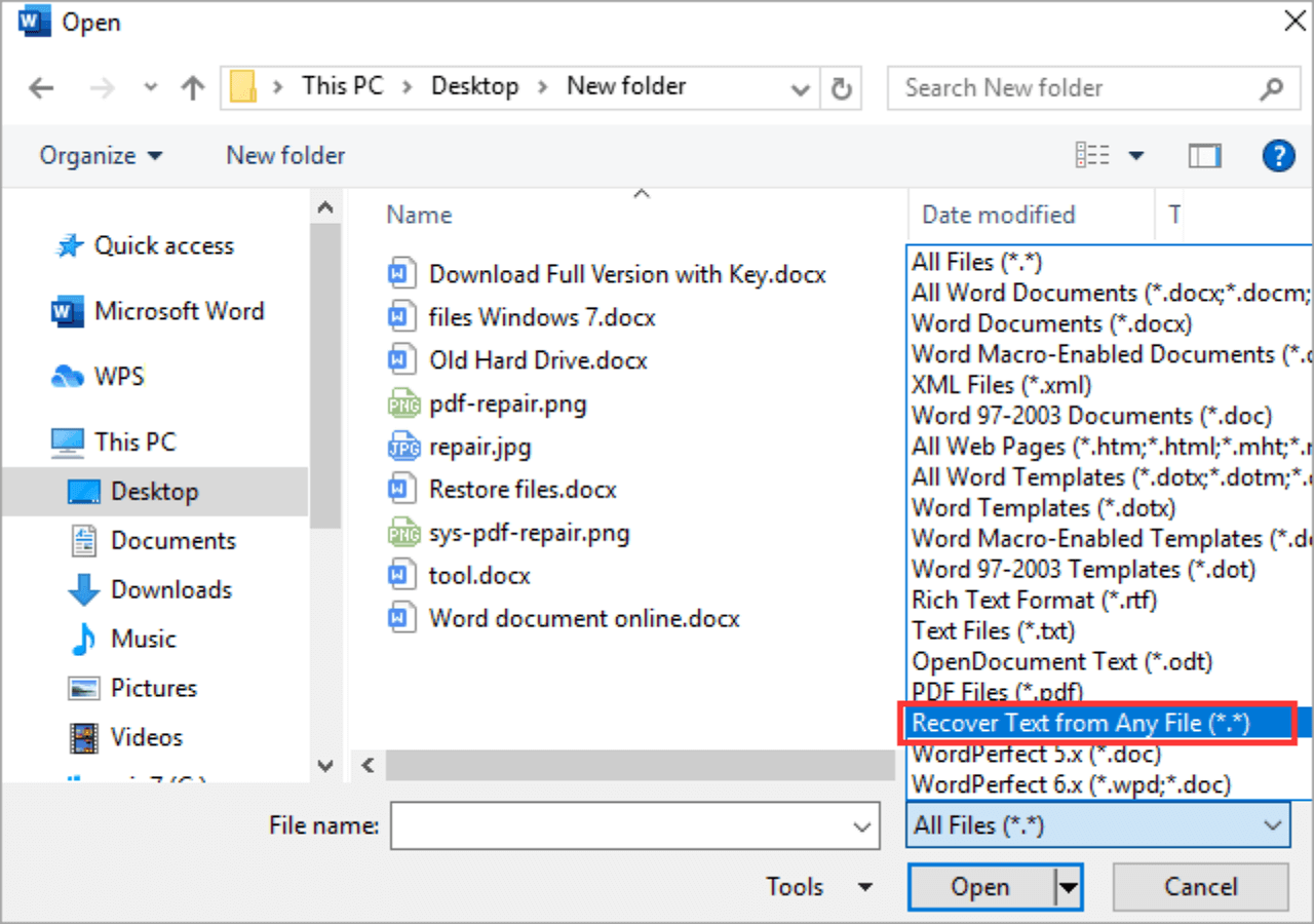 Setelah file dipilih, di dropdown pilih opsi Recover Text from Any File