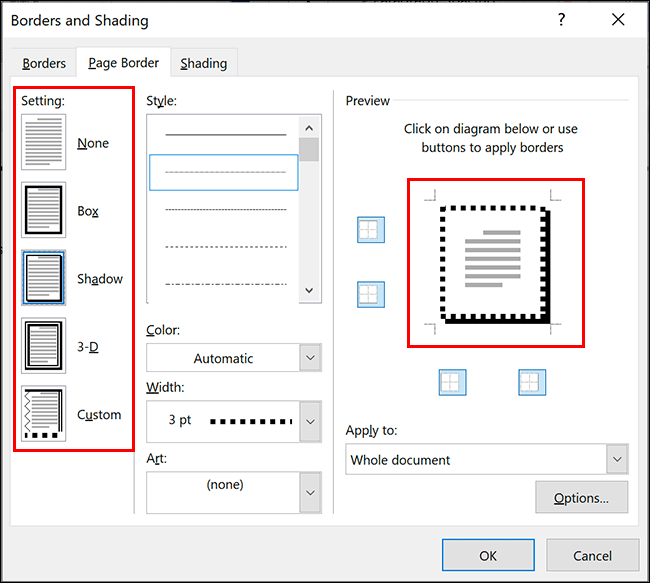 Setelah jendela Borders & Shading ditampilkan, klik Setting