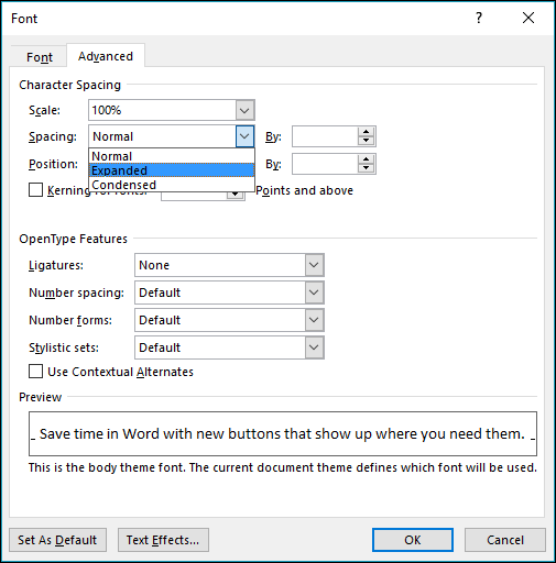 Agar tulisan pada baris yang diblok menyesuaikan pola segitiga, pilih menu Character Spacing