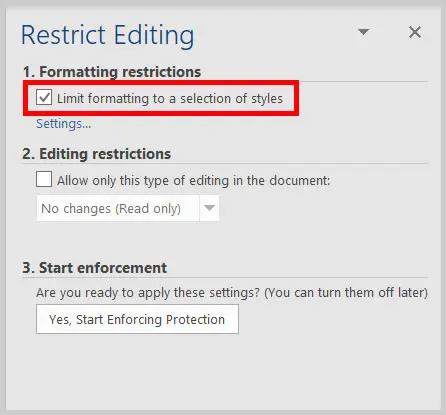 Di sidebar tersebut, pastikan opsi Allow only this type of editing in the document atau Limit formatting to a selection of styles tidak dipilih