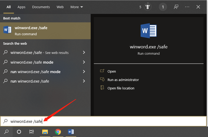 Ketik 'winword.exe :safe' dan kemudian klik 'OK'