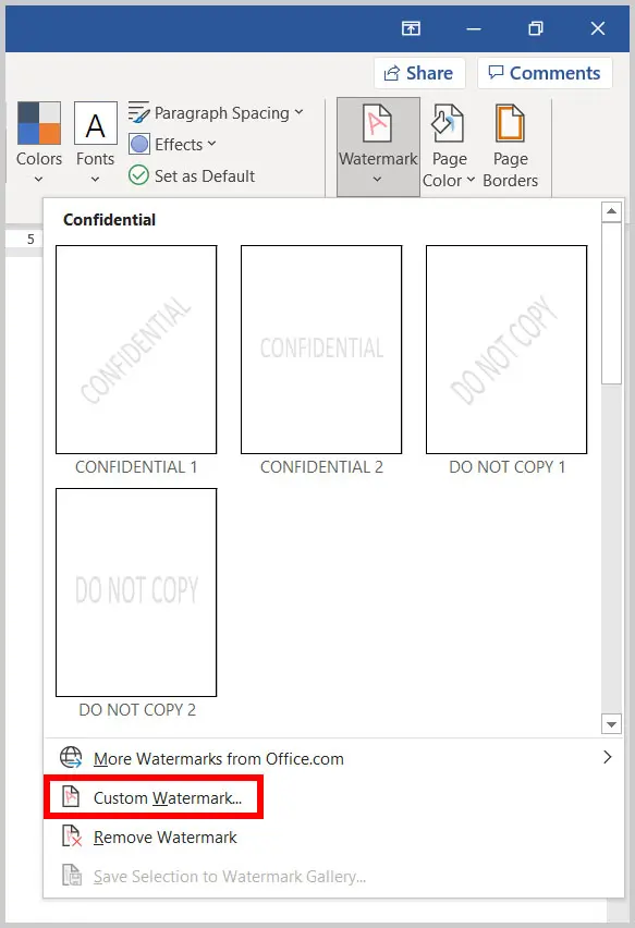 Klik Watermark, lalu pilih Custom Watermark