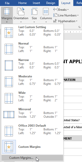 Klik Margins, lalu klik opsi Custom Margins