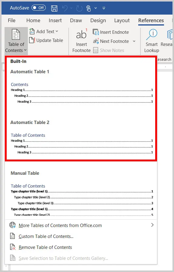 Klik Table of Contents